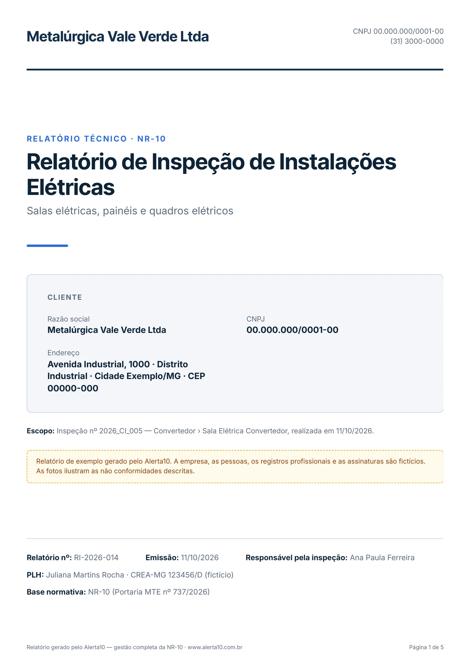 Capa do relatório de inspeção. Empresa fictícia.